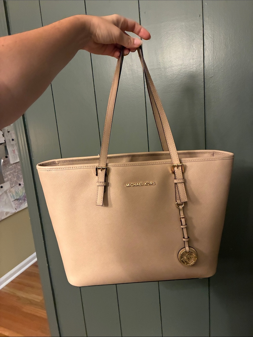 Michael Kors Nude/Tan Leather Tote with Gold Logo Charm